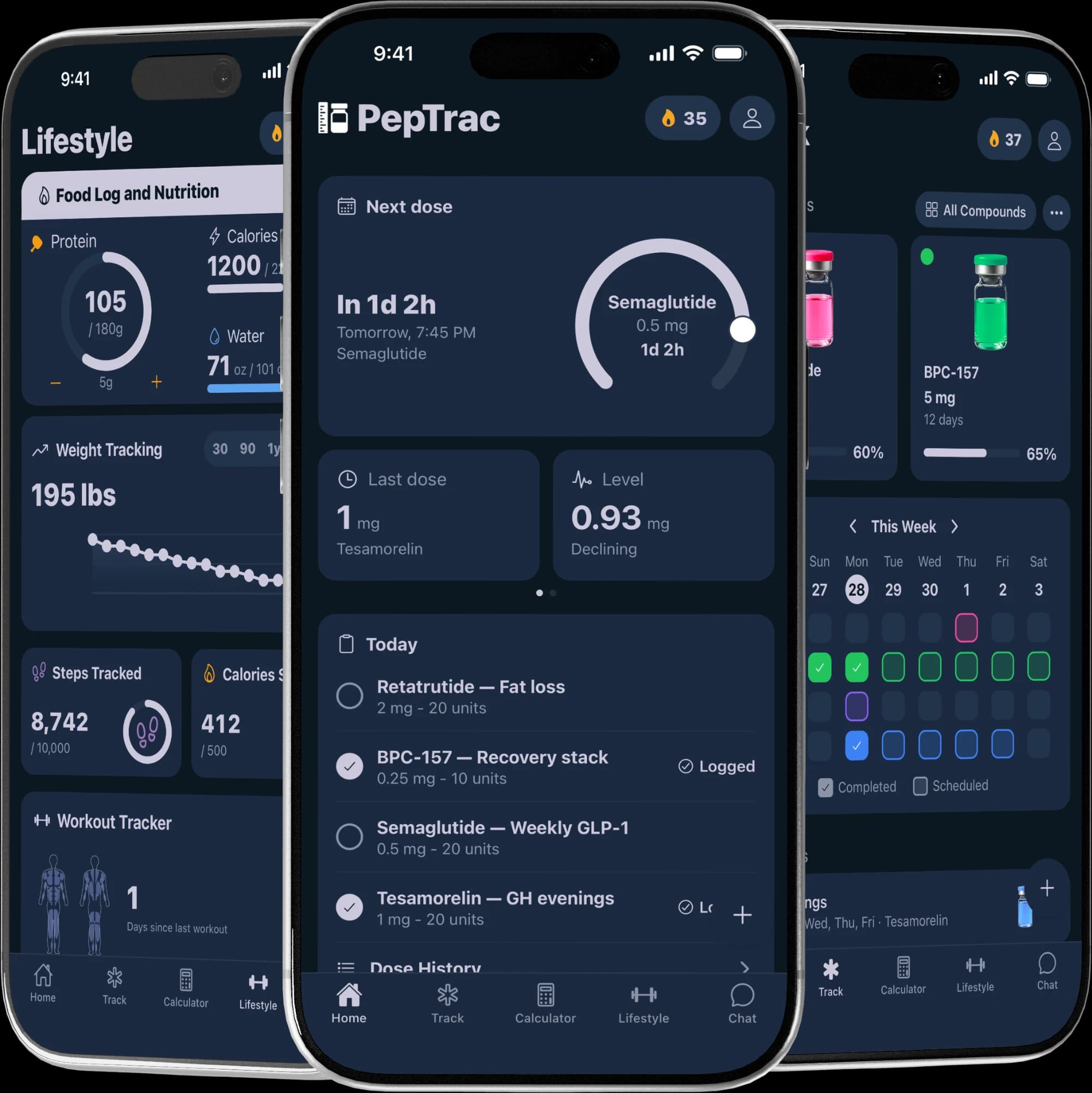 Three iPhones showing PepTrac: the Home tab with a next-dose countdown, the Lifestyle tab with nutrition and weight, and the Track tab with vials and a weekly schedule.