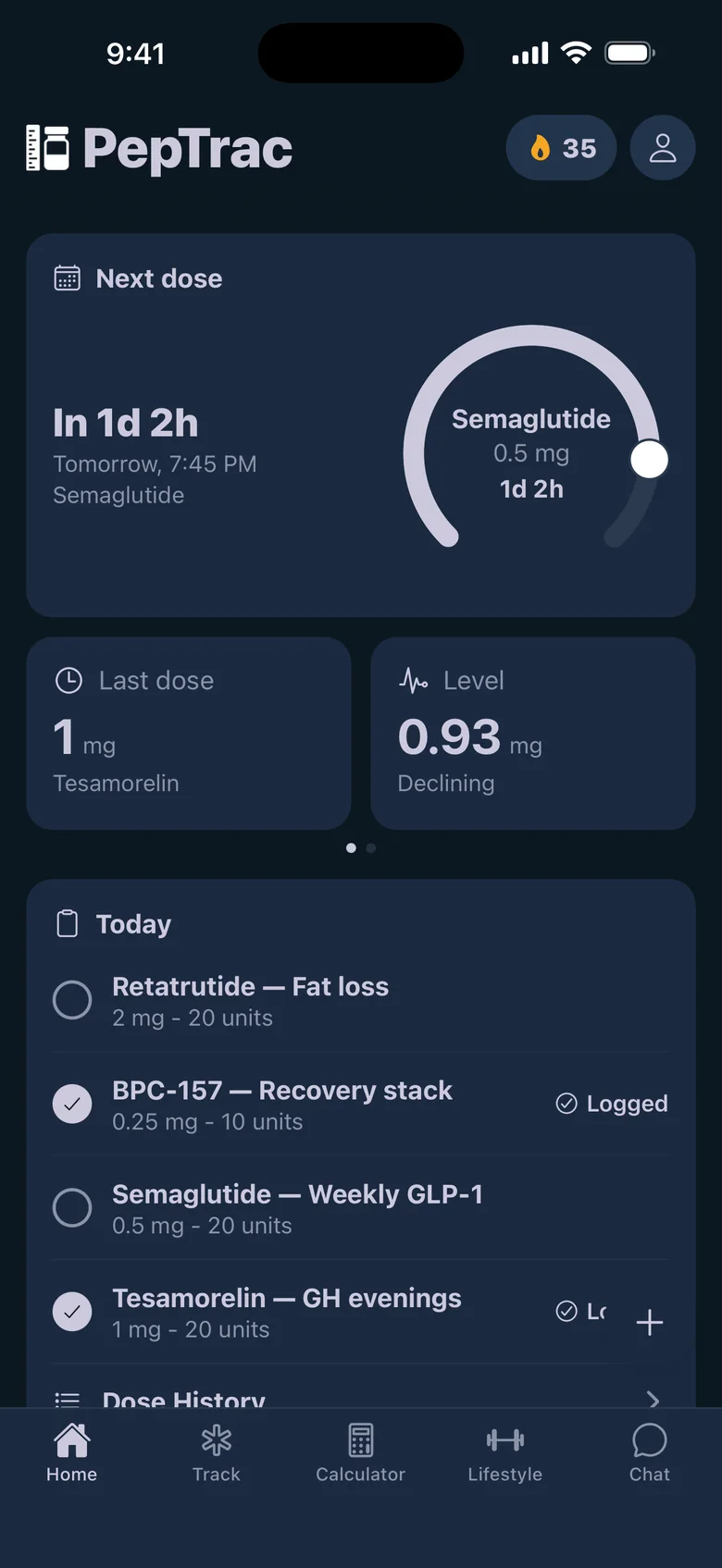 PepTrac Home tab showing a ring counting down to the next Semaglutide dose, the last dose, an estimated level, and today's dose checklist.