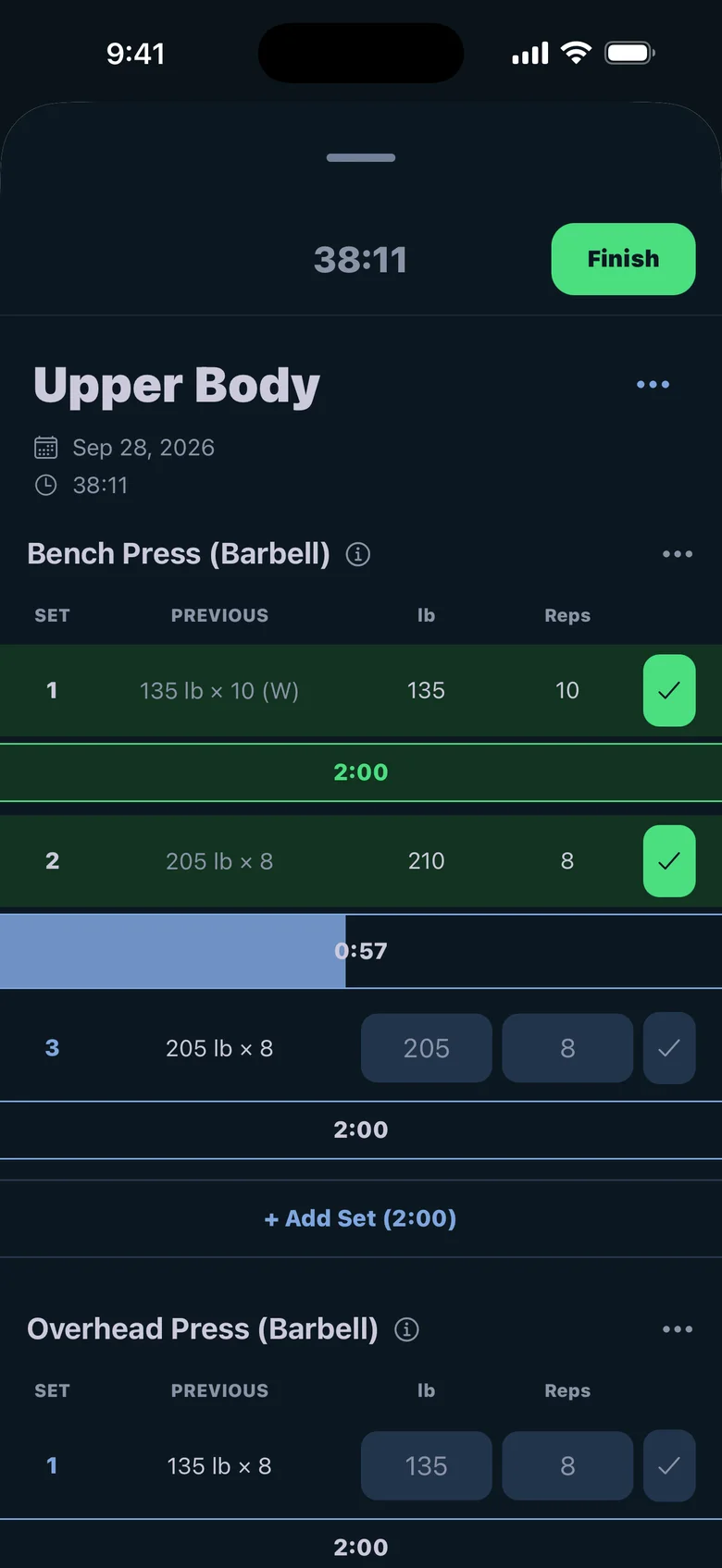 PepTrac live workout in progress: an Upper Body session with bench press sets checked off and a rest timer counting down.
