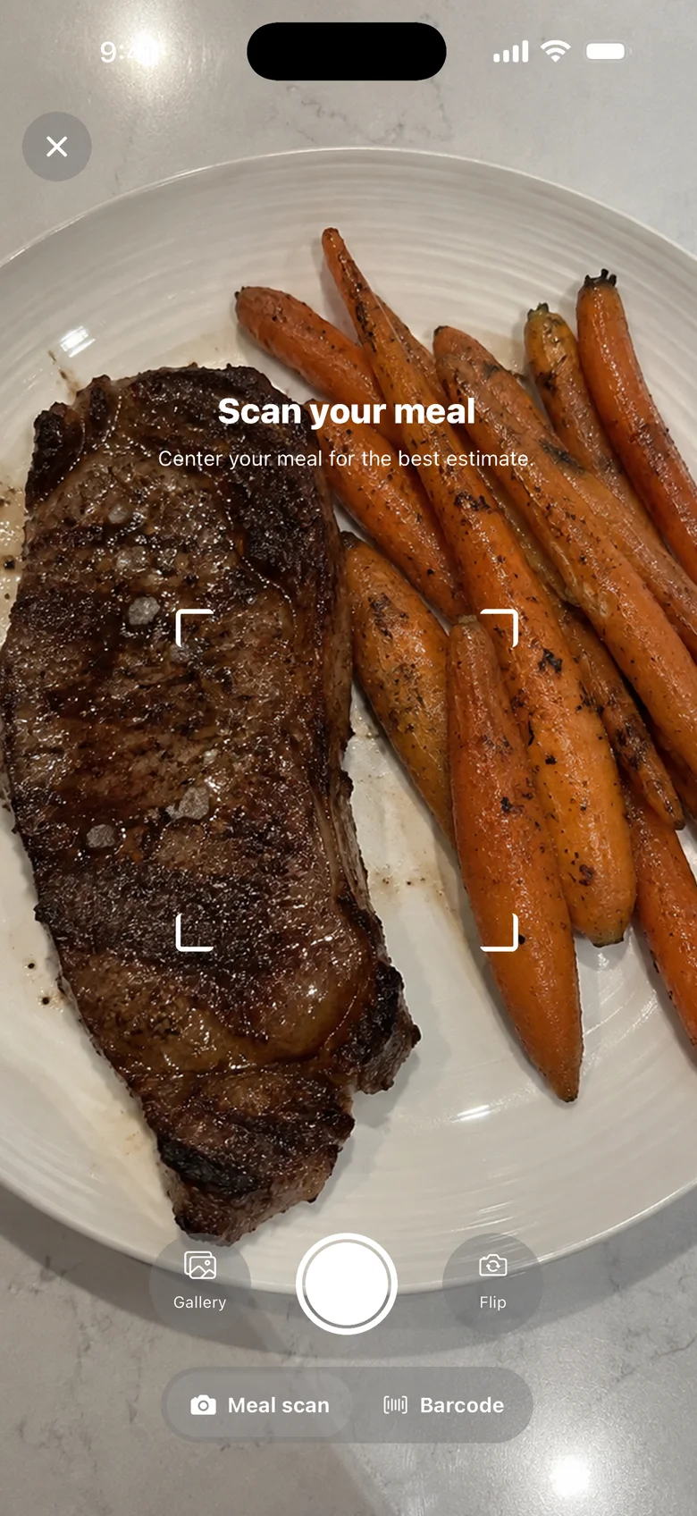 PepTrac meal scan camera centered on a plate of steak and carrots, with Meal scan and Barcode modes.