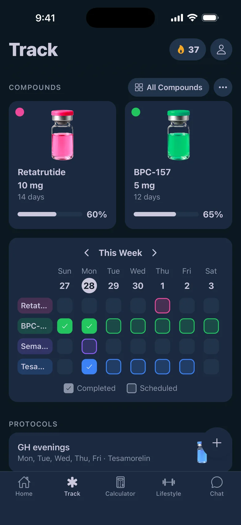PepTrac Track tab showing Retatrutide and BPC-157 vials with fill level and days left above a weekly schedule grid for four compounds.